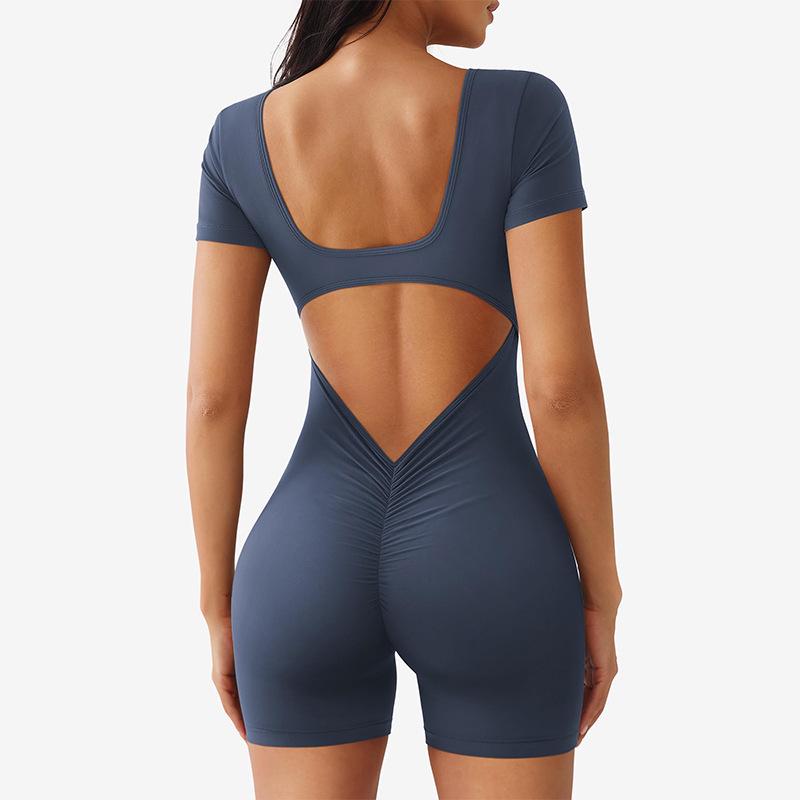 Damen Quick-Dry Yoga-Jumpsuit mit quadratischem Ausschnitt, kurzen Ärmeln & Cut-Out am Rücken
