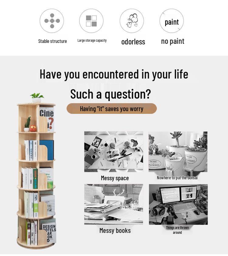360° Rotating Children's Bookshelf: Floor-Standing, Desktop Pine Wood Storage Rack