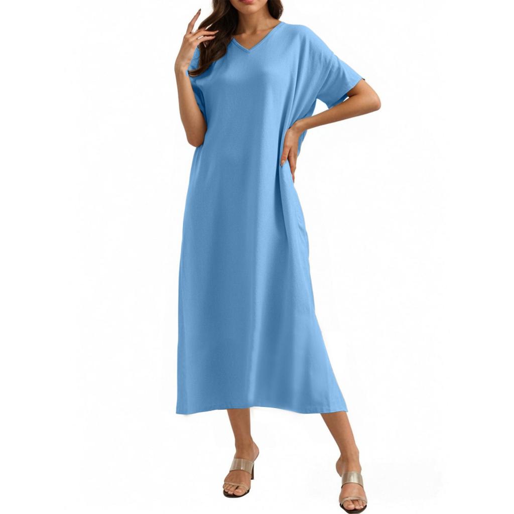 Fashion Women's Solid Color V-neck Long Dress Loose