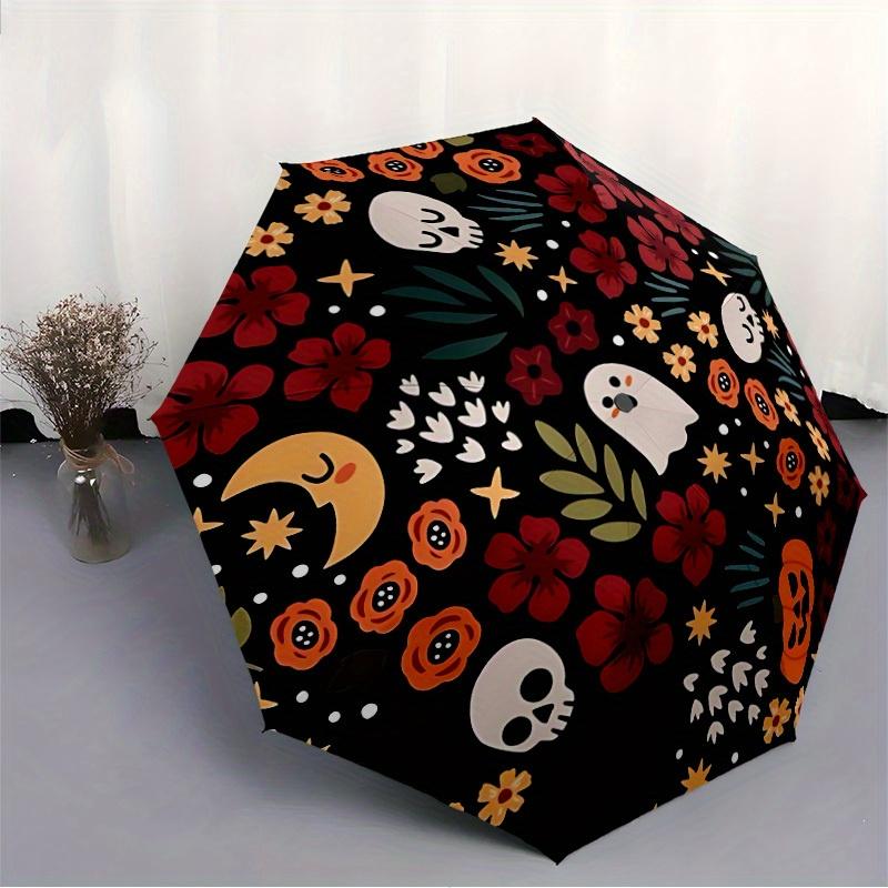 1 Stück Halloween Blumen Automatischer Faltregenschirm, Stabiles 8-Rippen-Dach, Tragbarer Reise-Regenschirm für den Außenbereich