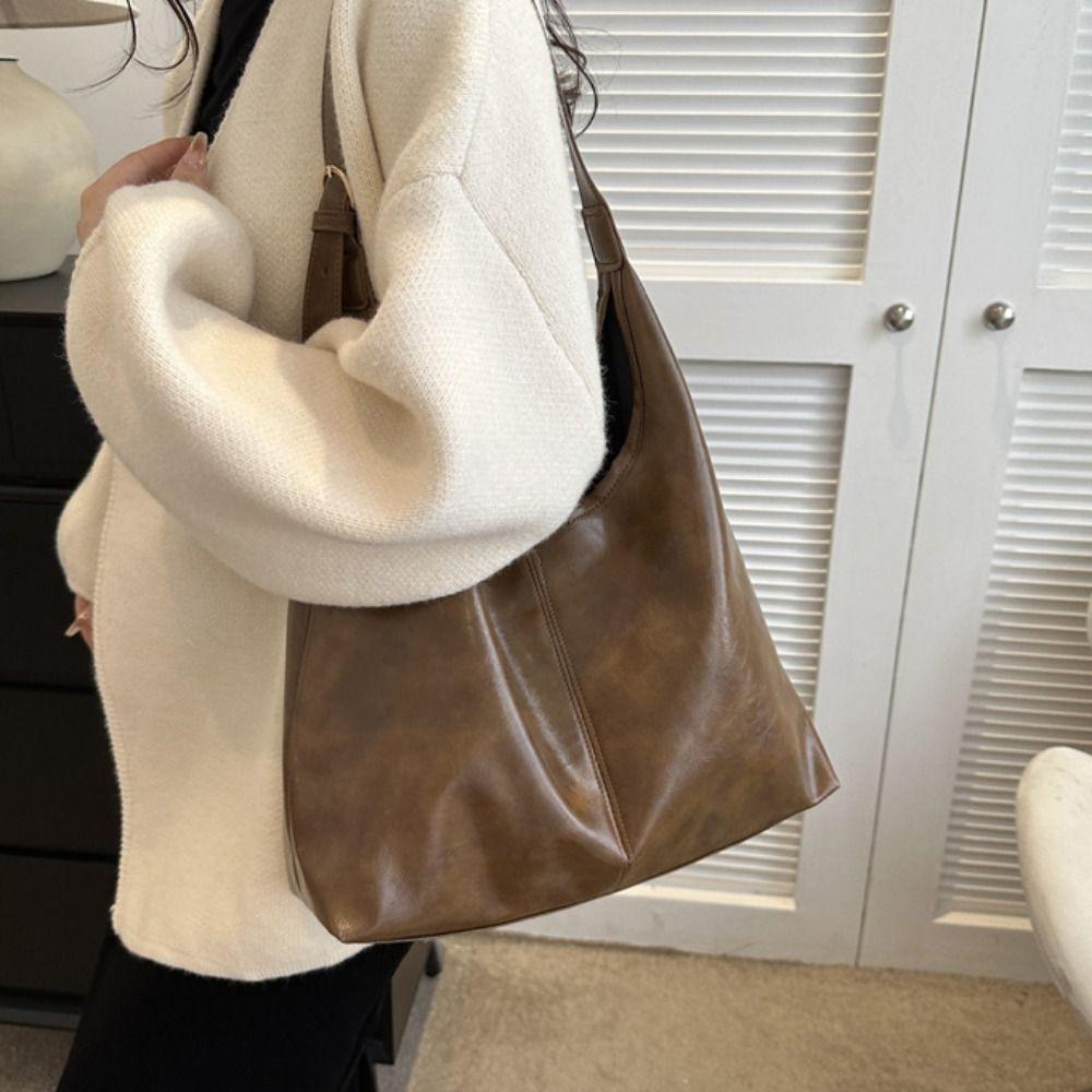 Elegant Soft Leather Tote Bag Solid Color Vintage Underarm Bag Fashion Commuting Shoulder Bag  Lady