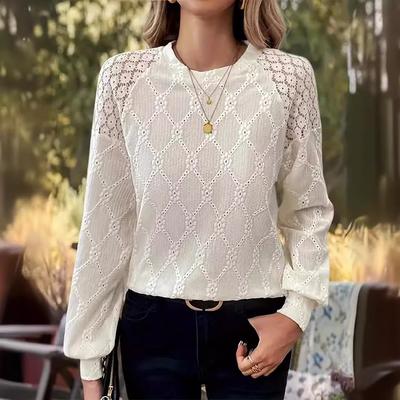 Women's Lace Splicing Long Sleeve Elegant Solid Colour Round Neck Hollow T-Shirt