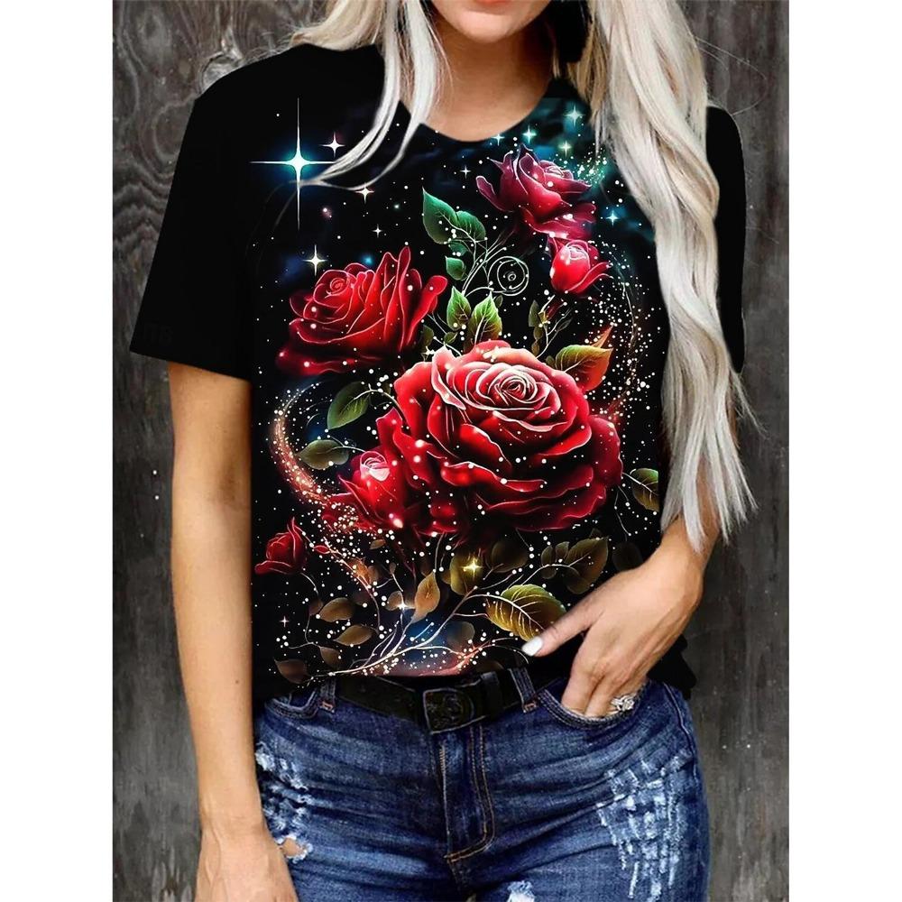 Women  Rose Floral Casual Holiday Print Short Sleeve Fashion Crew Neck Summer&Spring Harajuku  girls