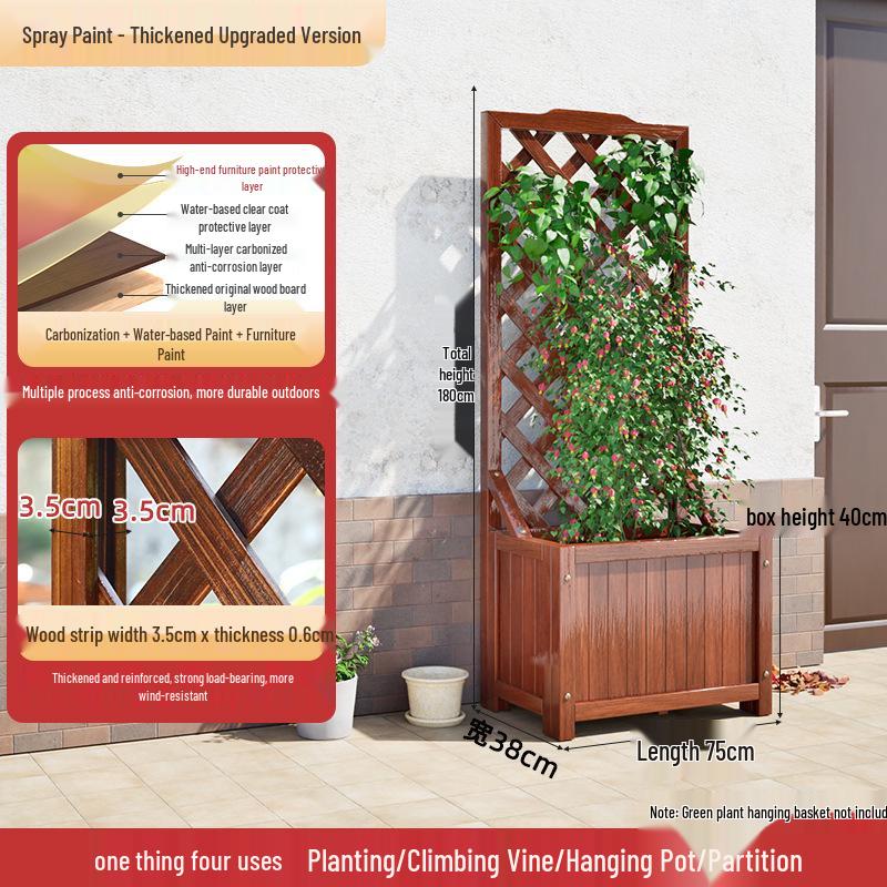 Carbonized Wooden Planter with Trellis: Outdoor Anticorrosive Flower Pot and Climbing Rack for Balcony or Garden.