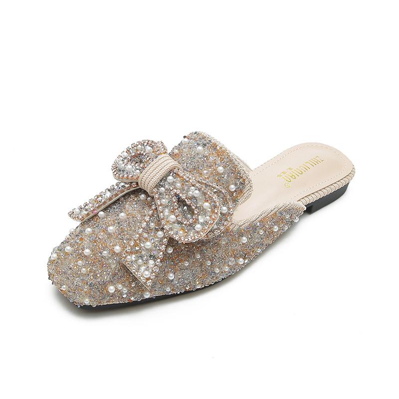 

Женская обувь большого размера, полушлепанцы с бантом из стразов, с закрытым носком, женские летние, для улицы, модные сандалии для улицы 33 абрикосовый