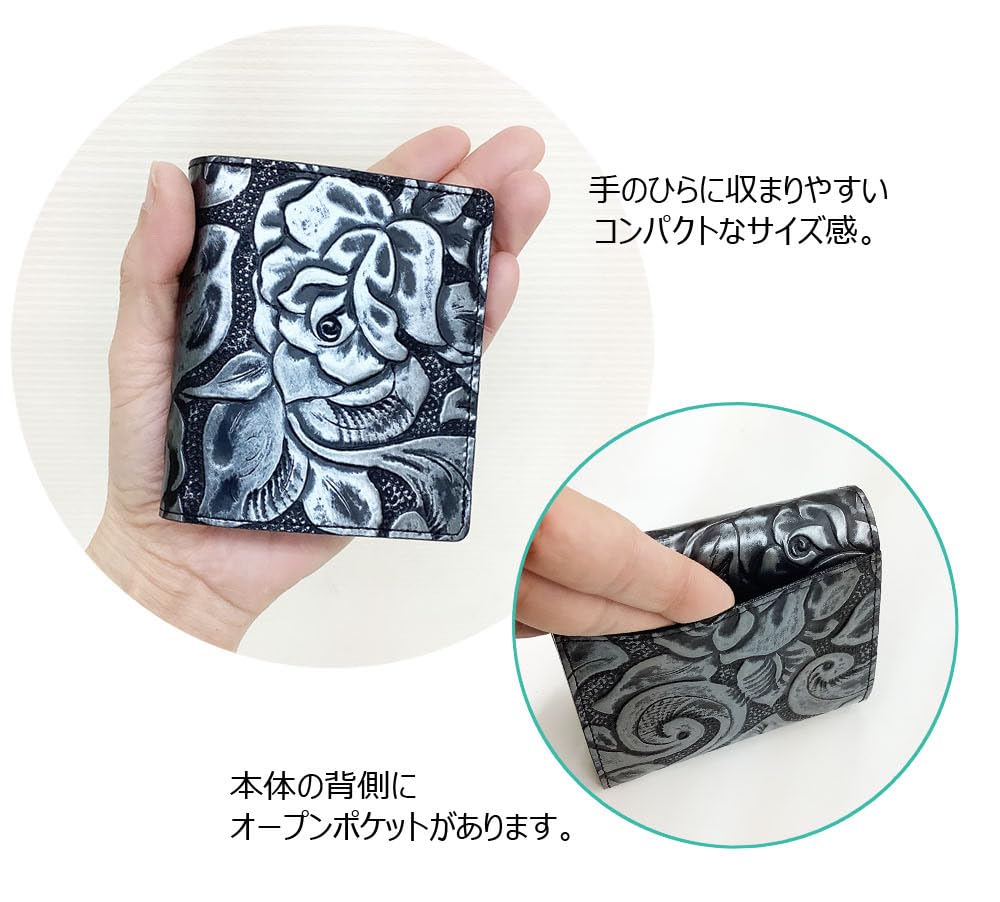 HARUBE Kyoto Naniwaya Compact Slim Folding Wallet, Cowhide Leather with Rose Embossed Design, Functional, Women's #83-349 [Metallic Rose] (Beige)