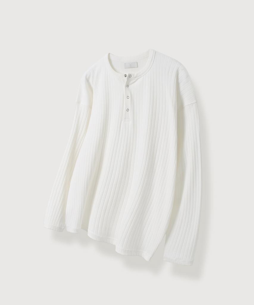 MOOD INSIDE Ribbed Snap Henley Neck Long Sleeve_White