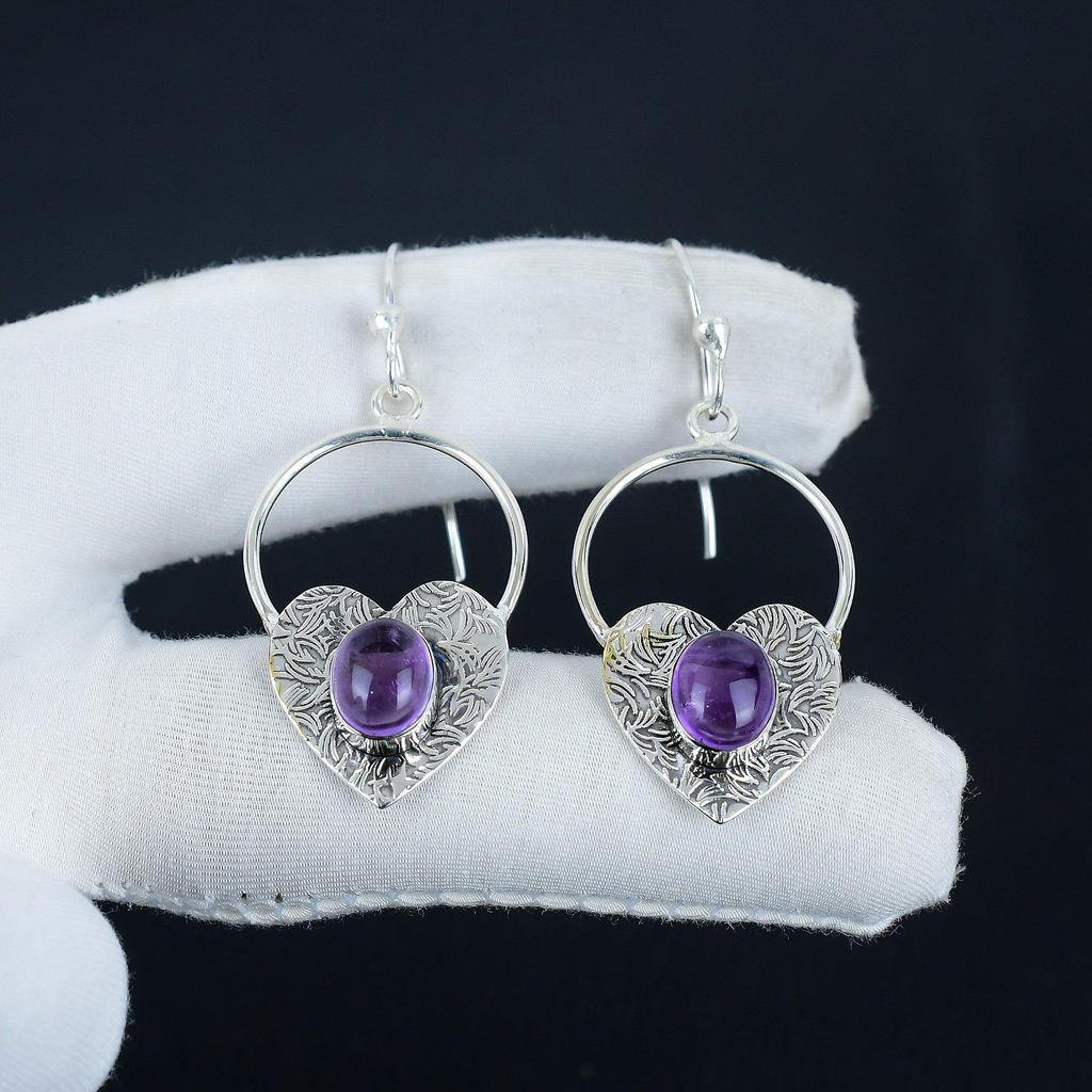 Beautiful Amethyst Gemstone Heart Shape Earrings, 925 Sterling Silver Earring, Handmade Boho Silver Jewelry Dangle Earrings, Wadding Gift