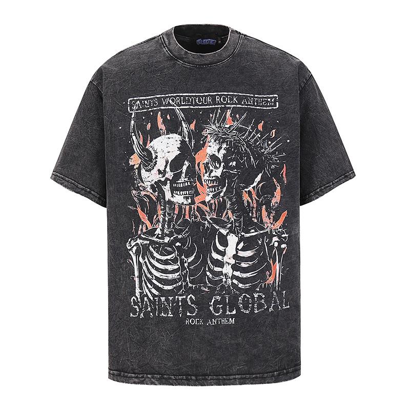 American Heavy Cotton Skull Print T-Shirt Vintage High Street Retro Washed T-Shirt Loose Short Sleeve Men
