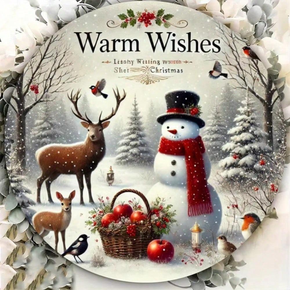 Snowman Deer Round Metal Sign Winter Holly Berry Pine Decorative Tin Wall Art Home Bar Cafe