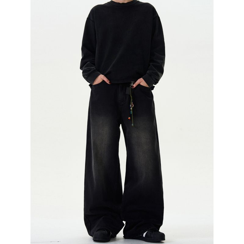 Madwitch Retro Washed Bootcut Denim Men's and Women's Loose Casual Wide Leg Straight Black Pants Ins