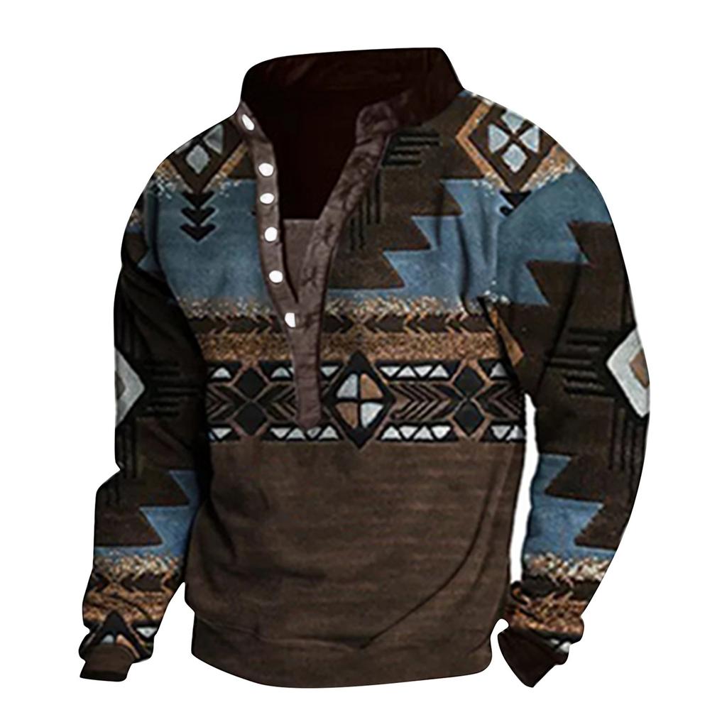 Pullover mit V-Ausschnitt für Herren, 3D-Digitaldruck, Stehkragen, 6 Knöpfe, Vintage-Kragen