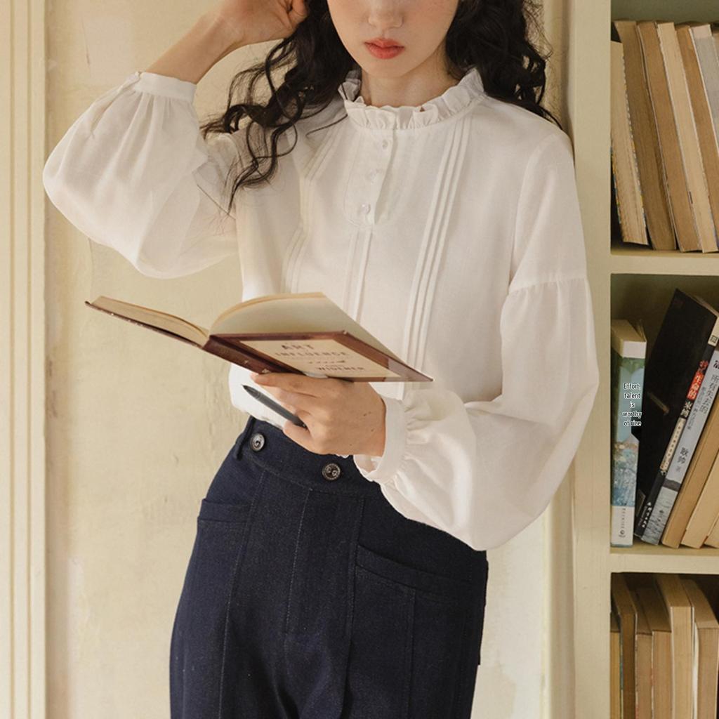 Nesolum Women's White Frill Stand-Up Collar Shirt - Autumn French Retro Long-Sleeve Loose Top