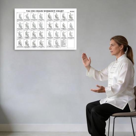 Tai Chi židle cvičení tabulka plakát bez rámu sedavé cviky pro začátečníky a seniory 12x18 palců PVC nástěnné umění pro obývací pokoj ložnici jógové studio