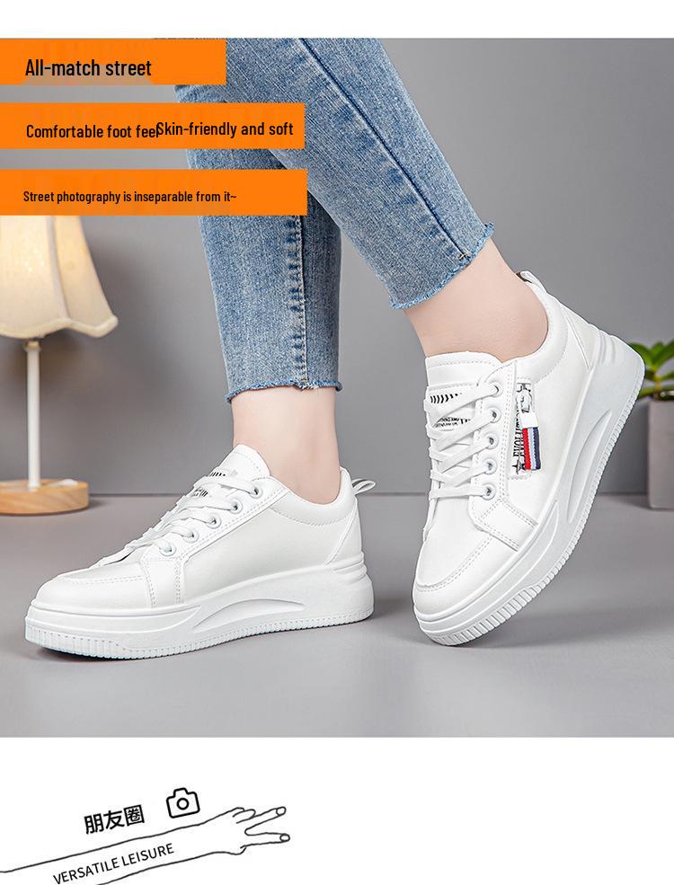 Women's Spring 2025 White Leather Panel Thick-Soled Casual Sport Shoes.