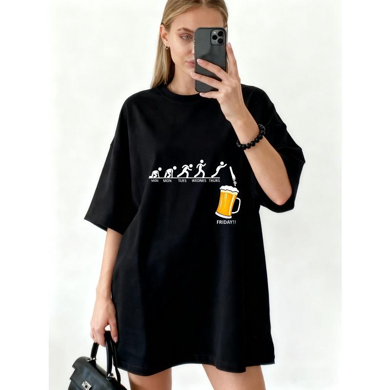 Oversized T Shirt Black Evolution Of Weekdays To Friday Beer Graphic Print For Casual Wear Weekend Outfits Party Style
