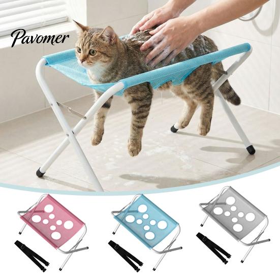 Adjustable Pet Restraint for Bathing Grooming Hammock with Stand, Folding Cat Table, Mesh Washing Station Cats Dogs Nail Trimming Portable
