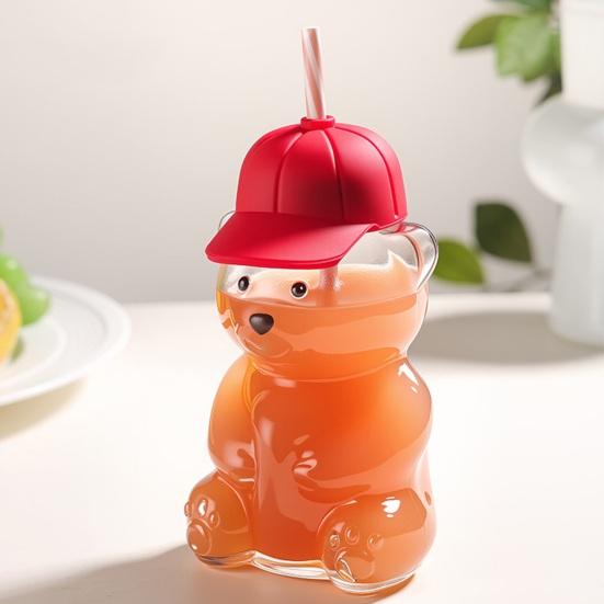 Gobelet d'apprentissage en forme d'ours avec couvercle à paille 600 ml Joli gobelet en verre pour café glacé, thé au lait, jus Lavable au lave-vaisselle Réutilisable Tasse froide pour la maison, le bureau, les voyages