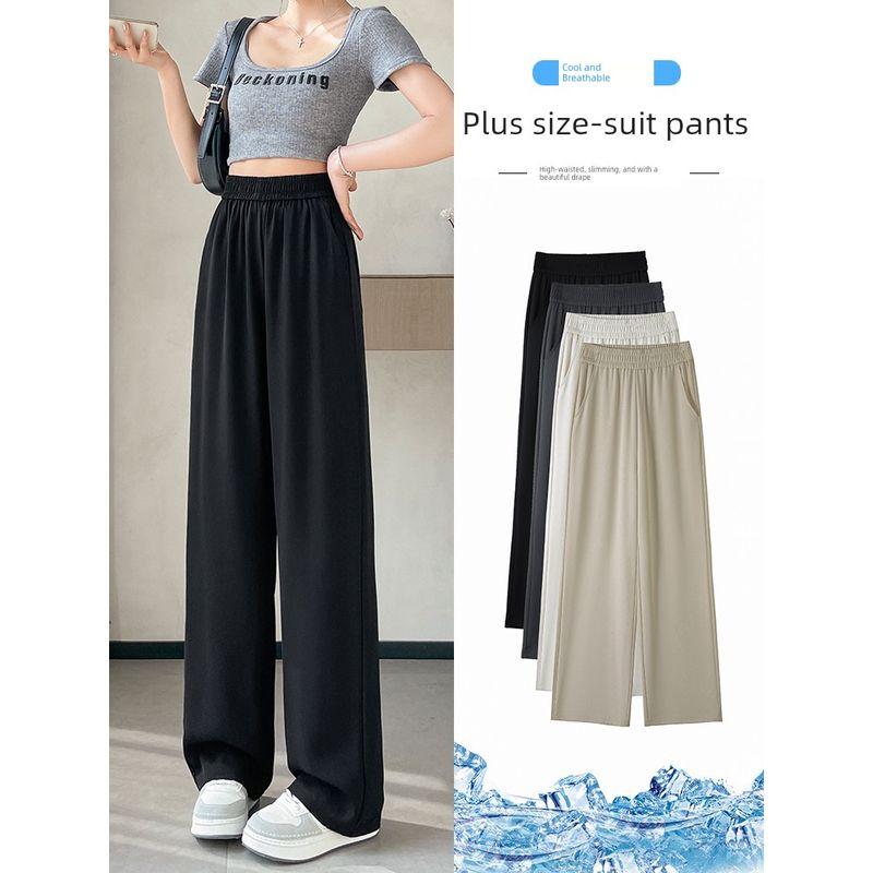 Plus-Size Ice Silk Wide-Leg Black Suit Pants for Women, Summer Thin Style, 2026 New Model, Slimming and Drapey Casual Pants