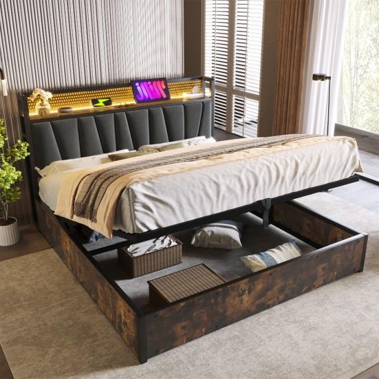 Upholstered Bed Metal Bed LED App-Control Double Bed with Charging USB Charging Function Headboard And LED Light, Metal Bed 140x200cm Wooden Slatted