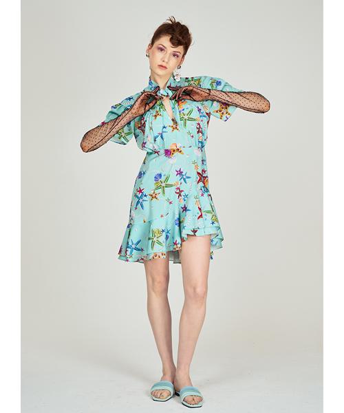 Greedius Ocean Pearl Print Shirred Dress