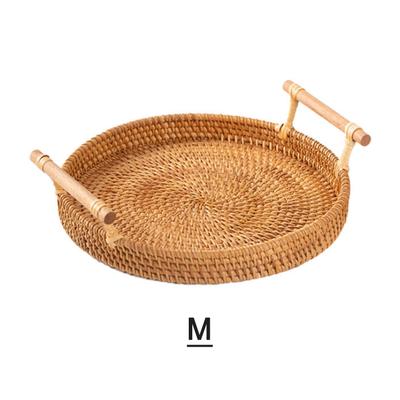 Round Rattan Bread Basket Woven Serving Tray with Handles for Cracker Dinner Parties Coffee