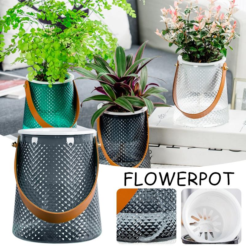 Hydroponic Flowers Vase Water Absorbing Plastic Flowerpot Desktop Ornament Leather Handle Self-watering Flowerpot Decoration