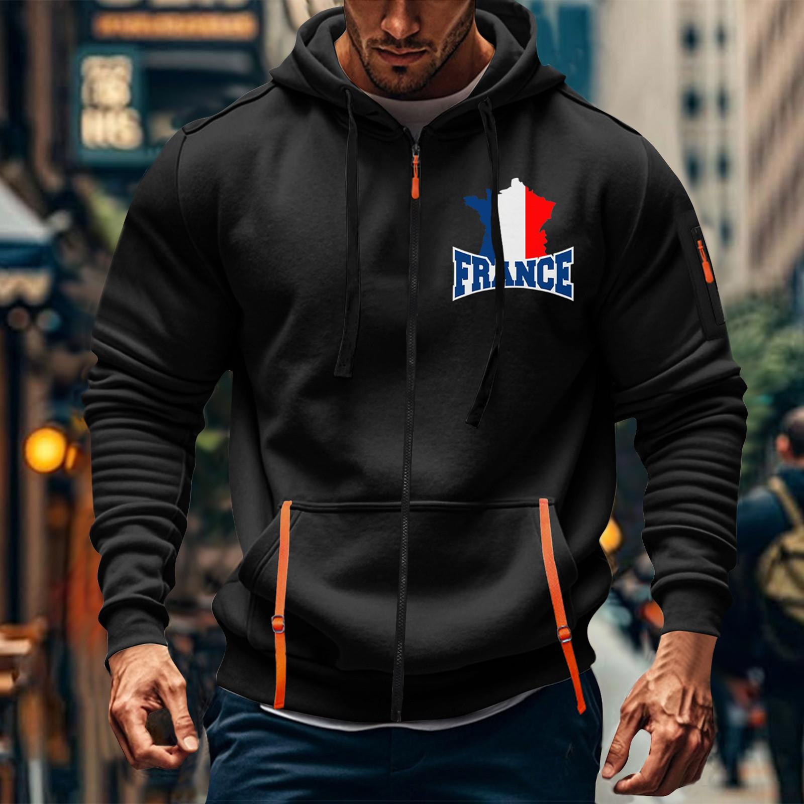 

ФРАНЦИЯ Мужская спортивная повседневная толстовка с капюшоном, кардиган с капюшоном на молнии и множеством карманов, пальто с капюшоном L чёрный