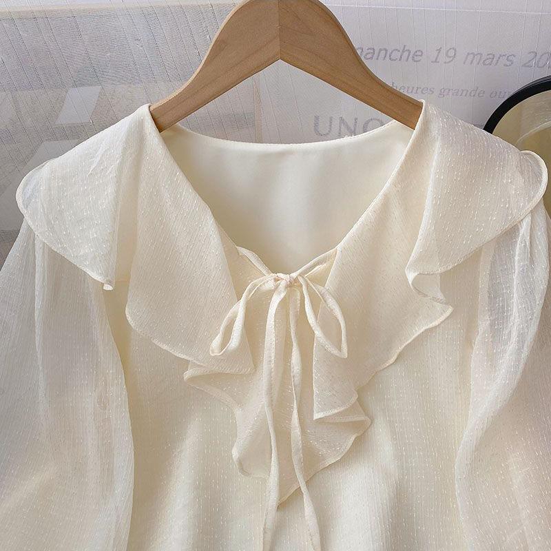 Casual Ruffles V-Neck Shirt Women All-Match Loose Bow Patchwork Blouse Ladies Spring Summer Long Sleeve Shirts