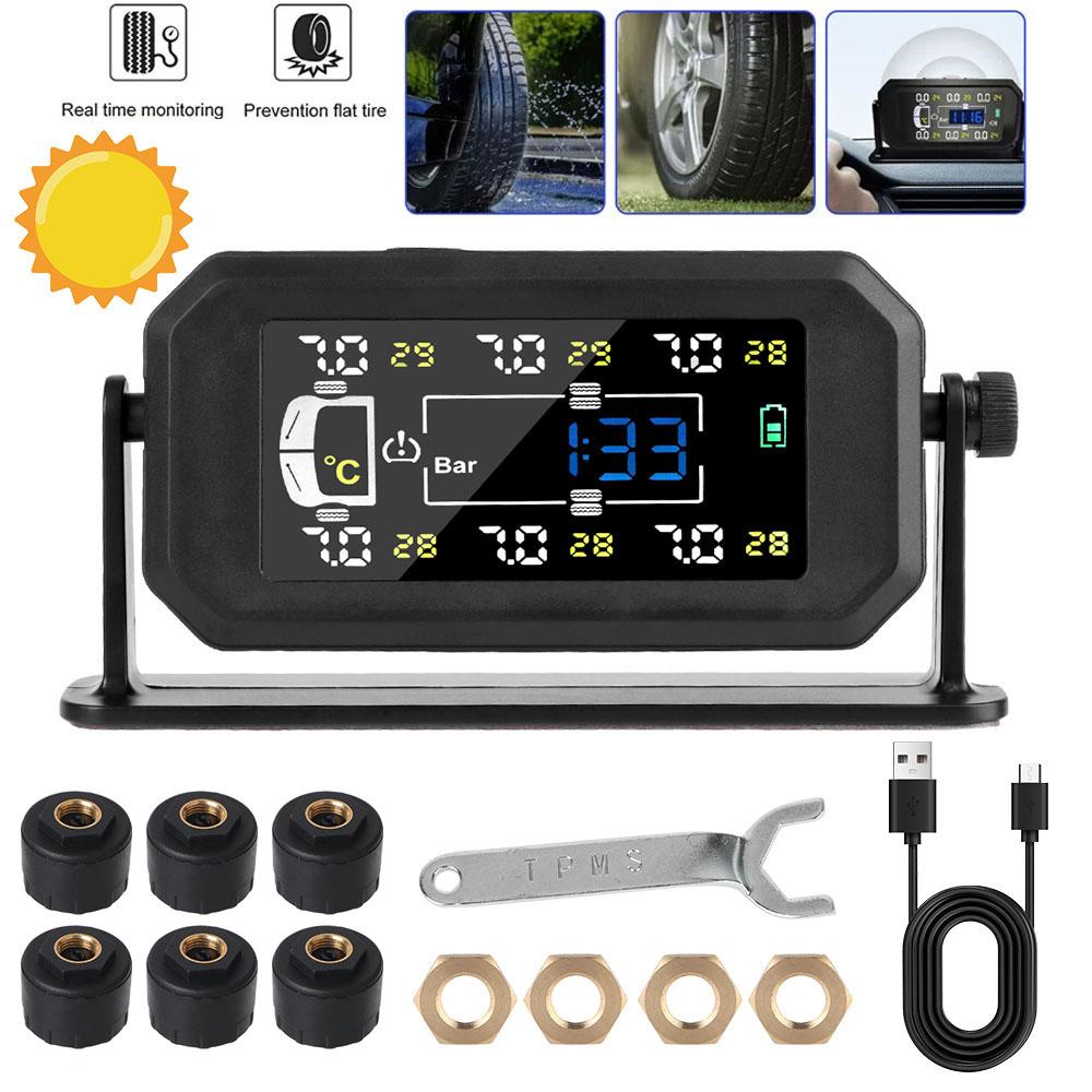 Solar TPMS Intelligent Truck Car Tyre Pressure Monitor 6 External Sensors Tire Pressure Monitoring System Temperature Warning Fuel Save H13