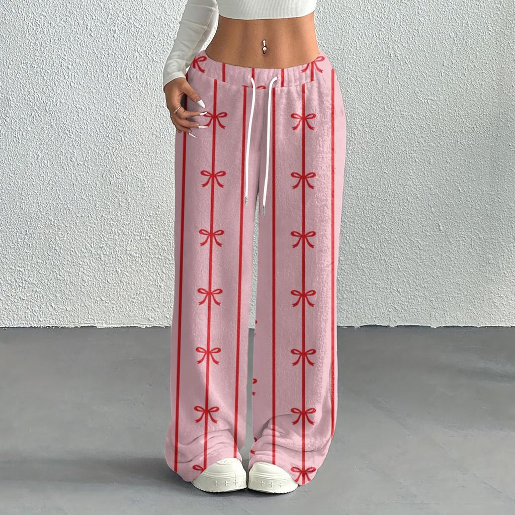 Women's Casual Fashion Printed Elastic Waist Loose Straight Leg Pants With Rope