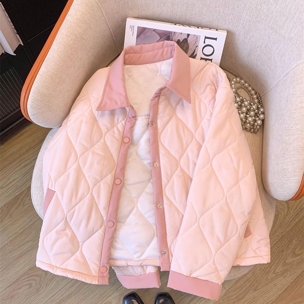 Korean-Style Women's Cotton Jacket: Gentle Wind, Lapel, Diamond Color Block, Warm, Short Outerwear for Autumn/Winter 2025