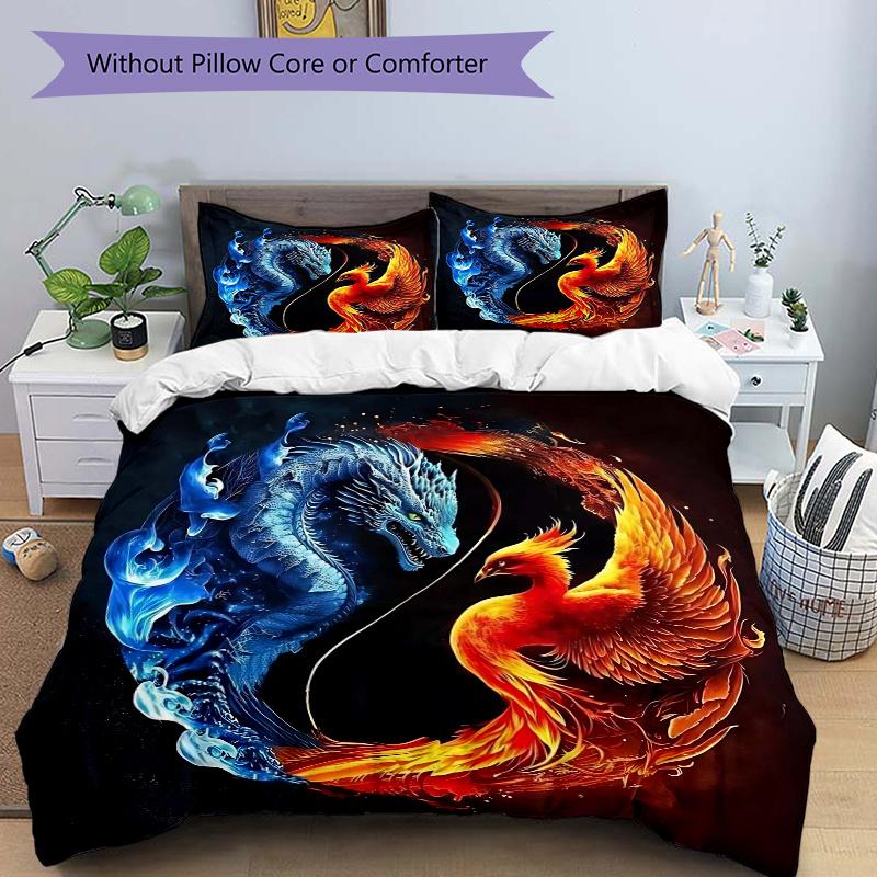 3pcs Blue Dragon and Red Phoenix Bedding Set - Includes 1 Quilt Cover and 2 Pillowcases, Comfortable Bedding with Stylish Design for Bedroom, Mac