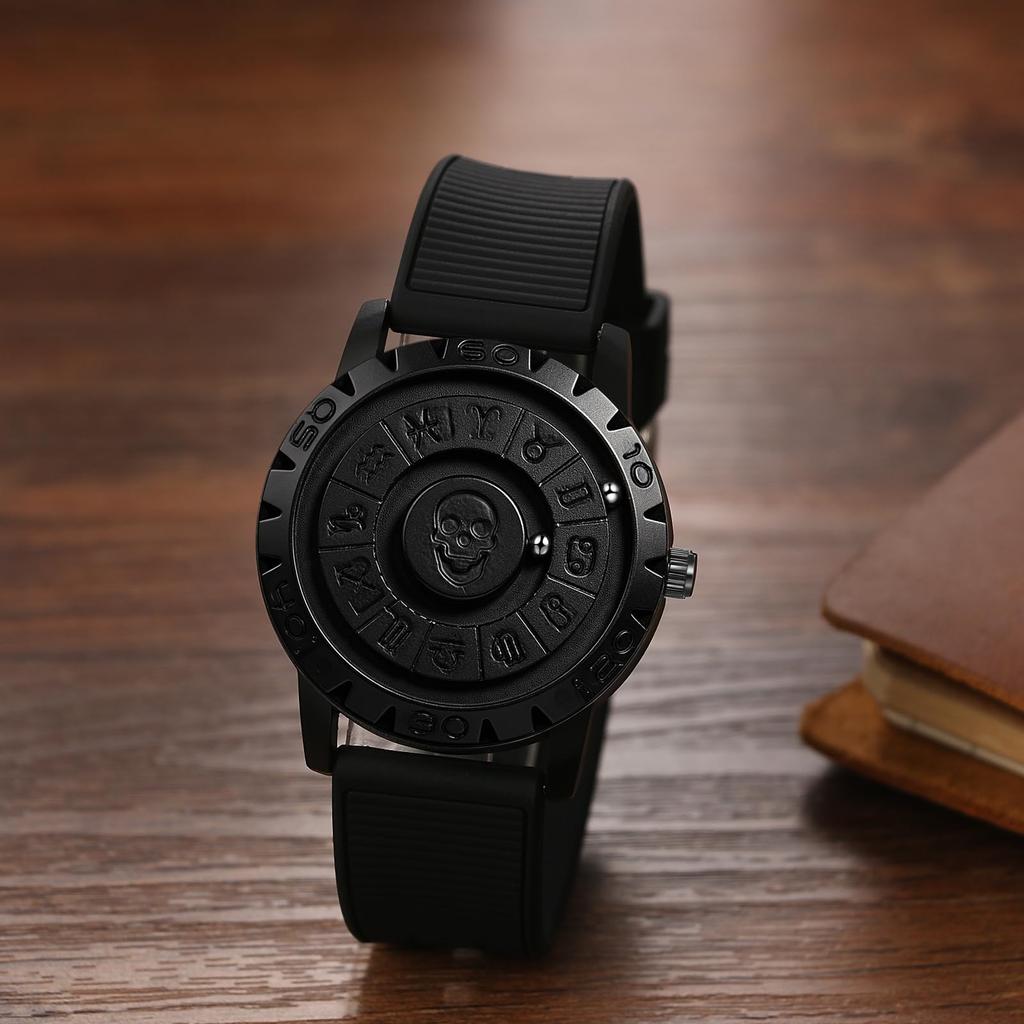 Men's Magnetic Levitation Silicone Watch, Black: Zodiac Markers, Waterproof Quartz Movement, Leisure, Business, Stylish Black Fashion Accessory -