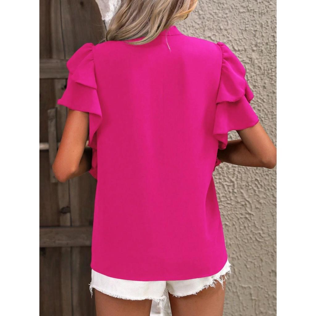 GMXIA Women's Summer V-neck Casual Double Layer Lotus Sleeve Solid Color Shirt Top