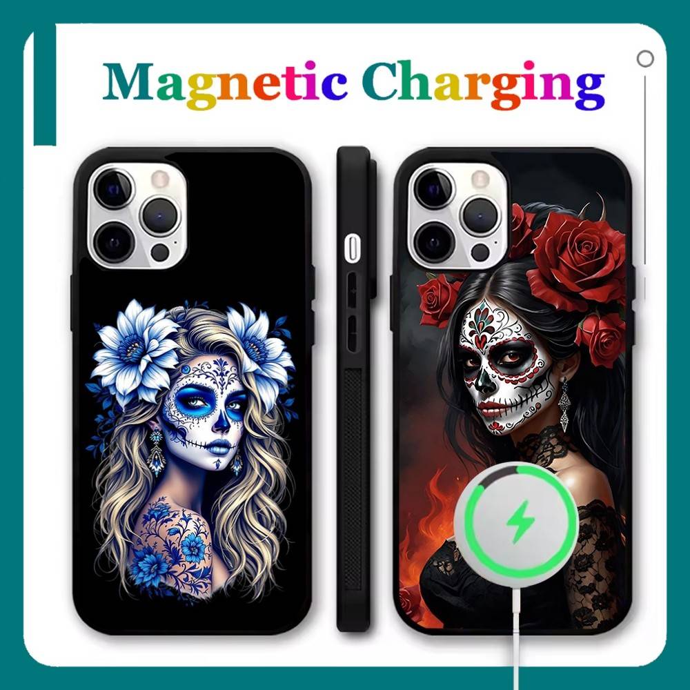 Mexican Catrina Skull Phone Case For iPhone 17,16,15,14,13,12,11,Pro,Max,Plus,Mini,Air,SE New Magsafe Magnetic Wireless Charging