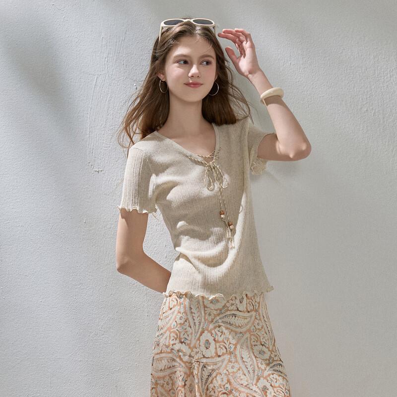 Sancai V-Neck Tassel Tie Short Sleeve Knit Top
