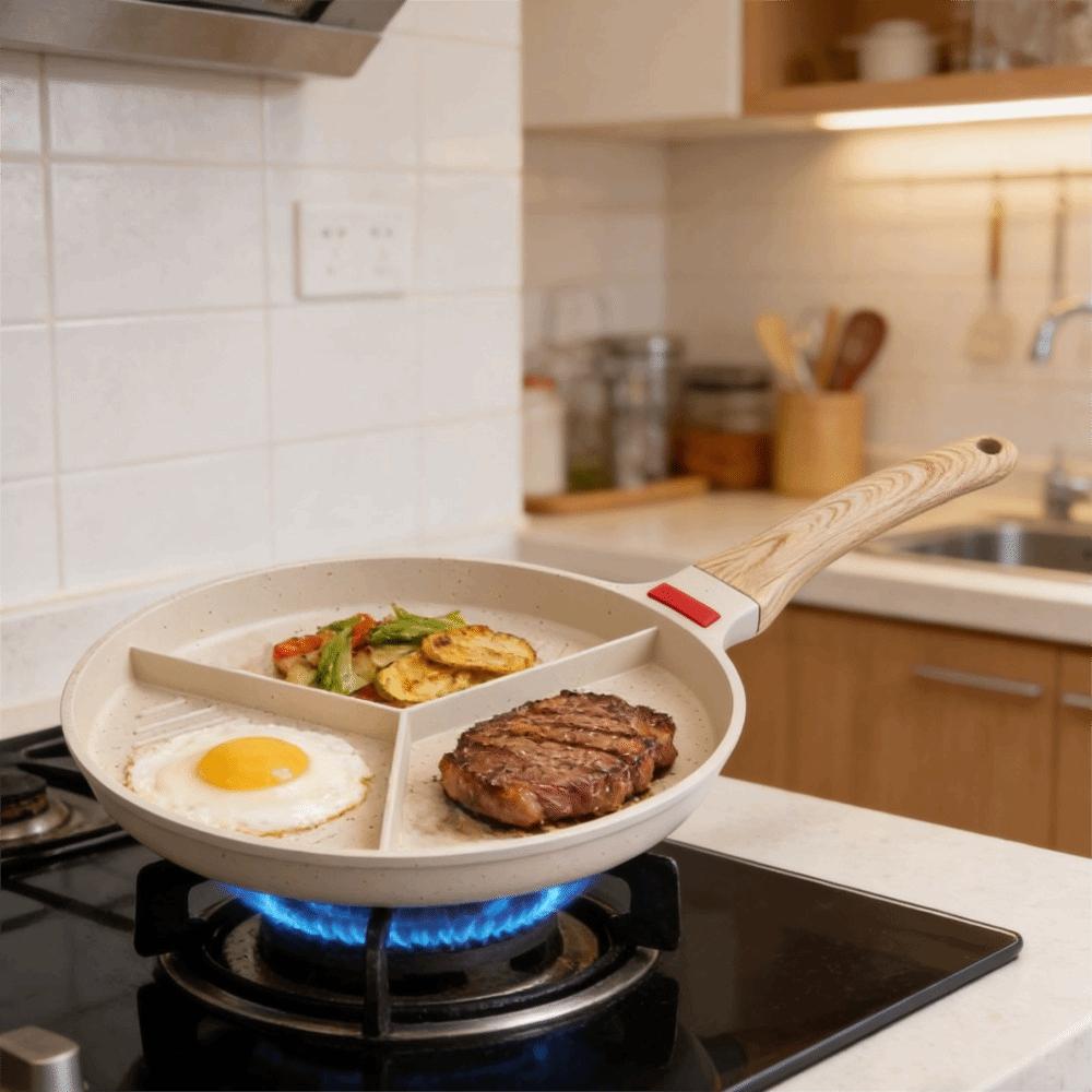 Beige Breakfast Frying Pan Nonstick Egg Pan Practical Divided Grill Pan Stove Cooking