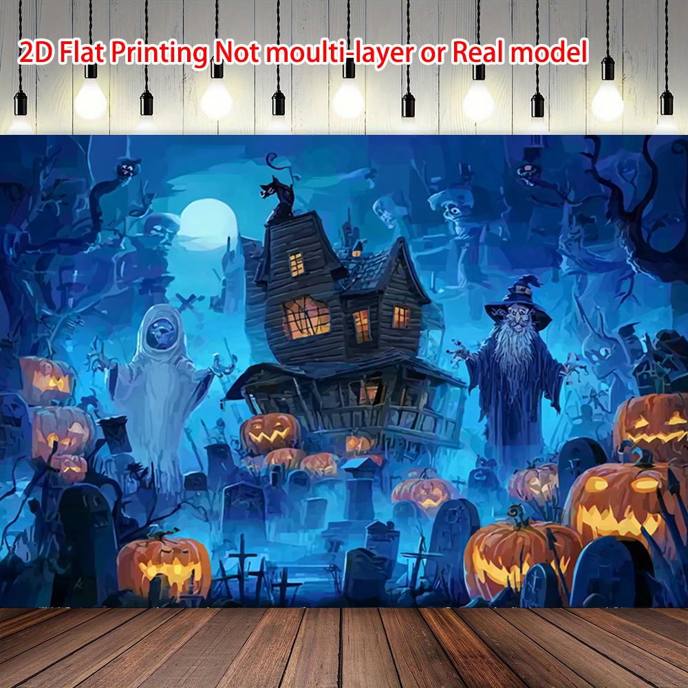 2D Flat Design, 1 Piece Per Pack. Horror Ghost House & Zombie Pumpkin Banner - Gothic-style Halloween Wall Decoration