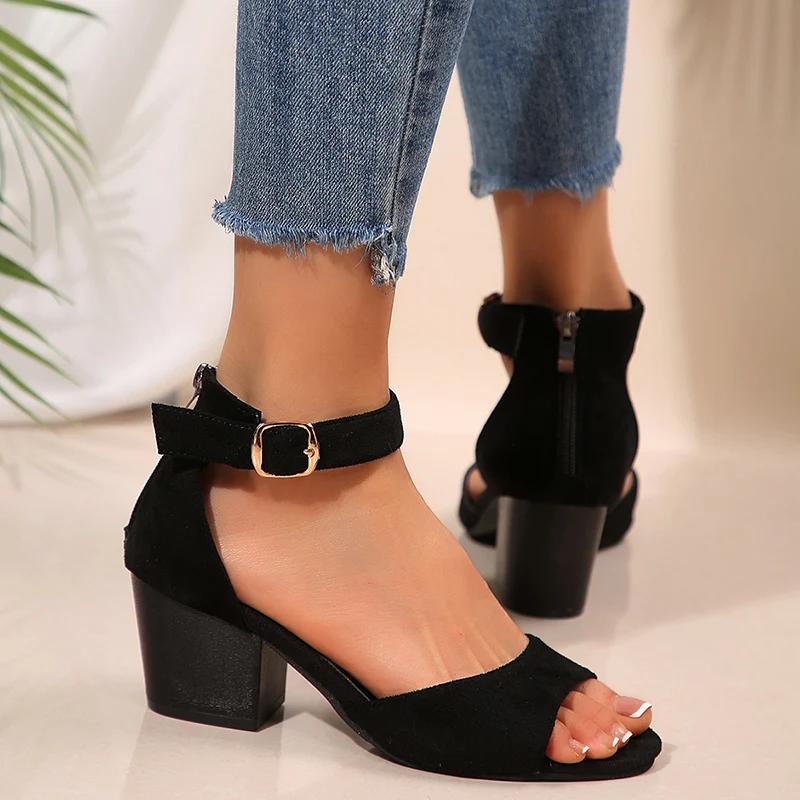 

Модные женские босоножки на высоком каблуке с открытым носком, больших размеров, с ремешком на щиколотке, черные, женские, повседневные, закрытый каблук, босоножки с открытым носком, Mujer 43 чёрный