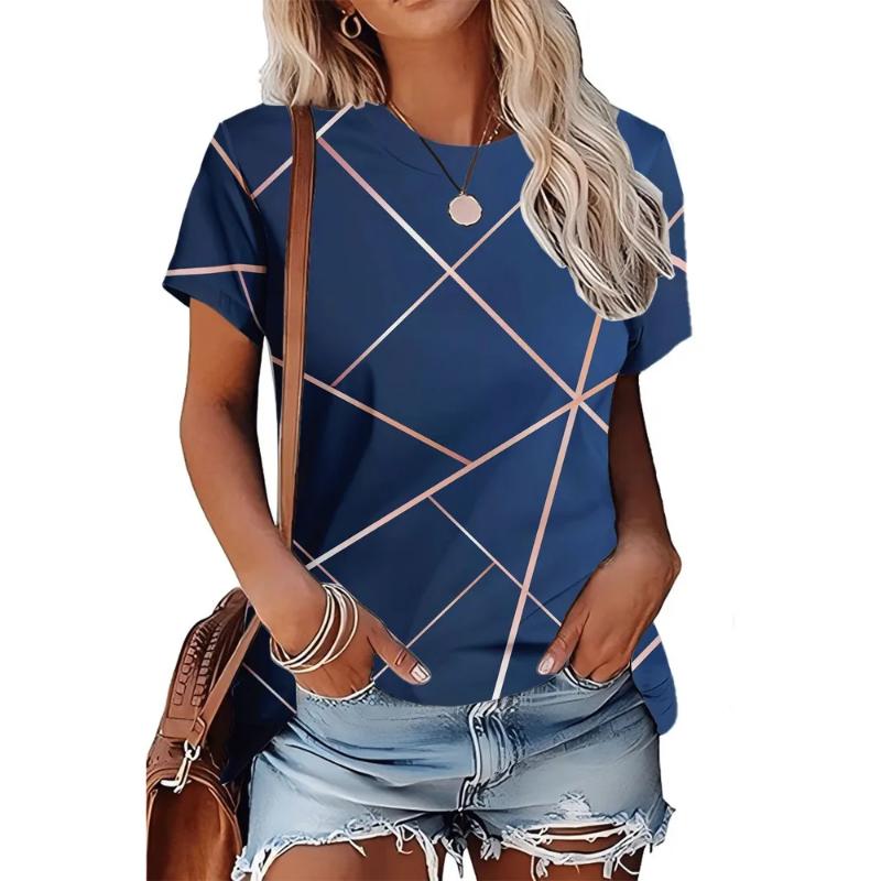 Moda Donna Girocollo Manica Corta Stampa Colore 3D Casual T-shirt Casual a Manica Corta Girocollo