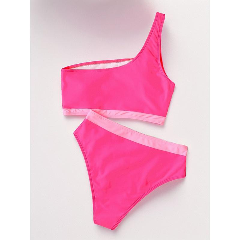Patchwork Bikini Women Solid Color High Waist 2 Piece Swimsuit Single Shoulder Tankini Backless Beach Bathing Suit