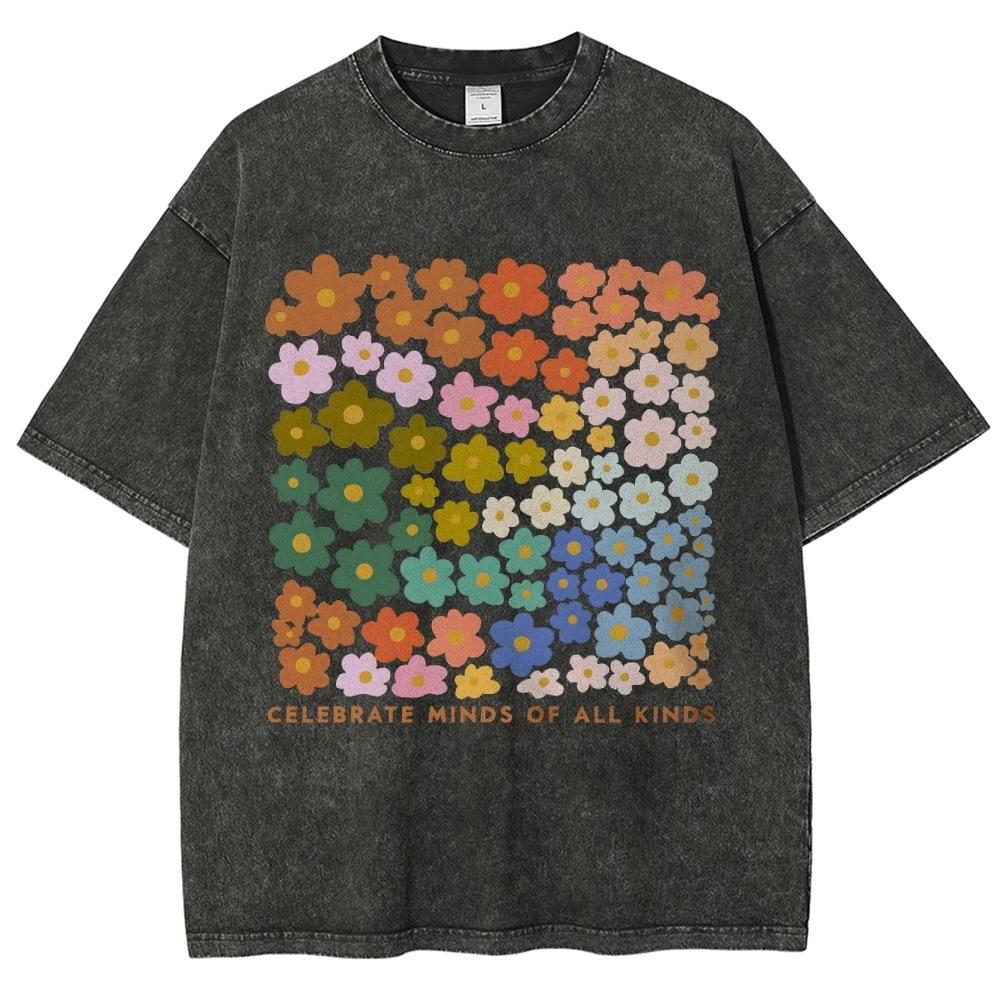Colorful Flower Pattern T-Shirt Retro Water Wash Vintage Men M