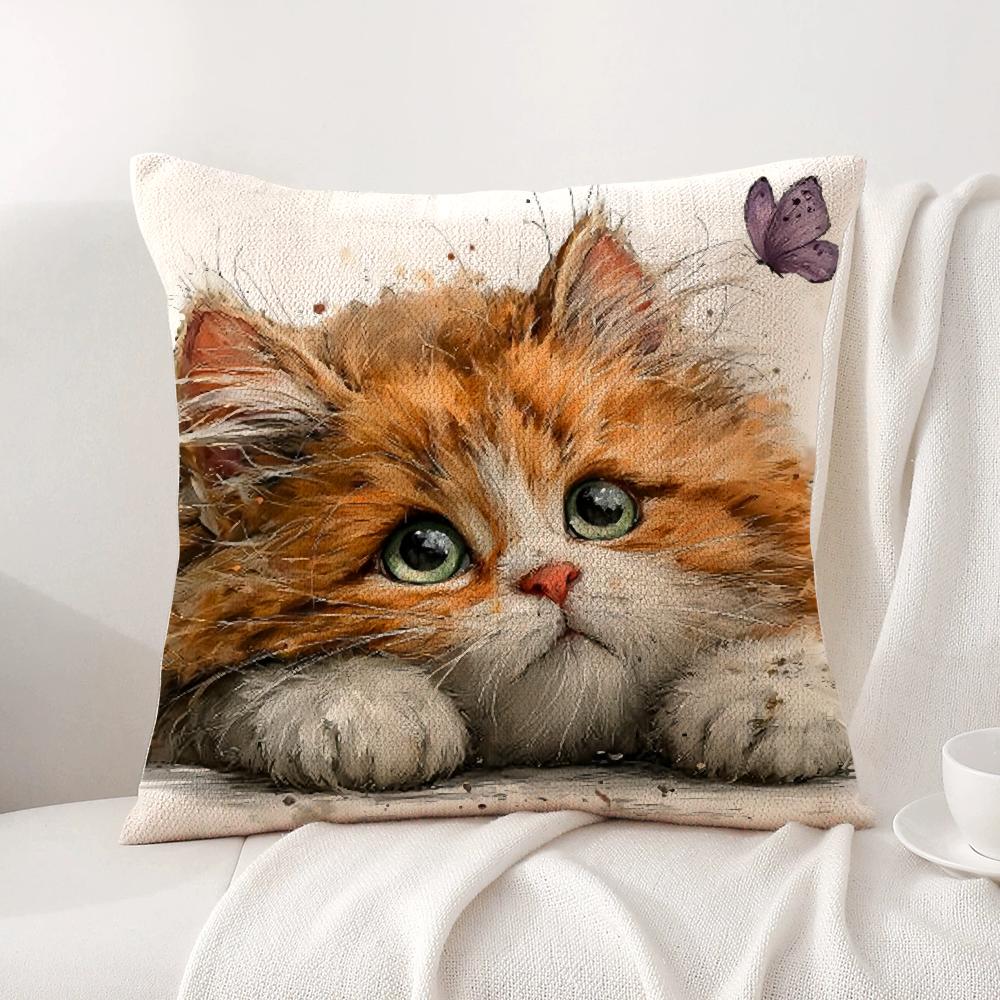 Cute Cat and Flower Cushion Cover Natural Linen Organic Fabric DoubleSided Printing Sofa Home Decor Gift Pillow Cover