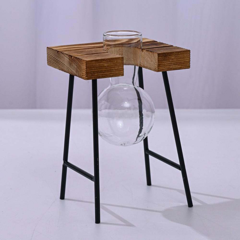 Wooden Frame Hydroponic Planter with Glass Bulb Transparent Container Flower Arrangement Desktop Decoration Home Office