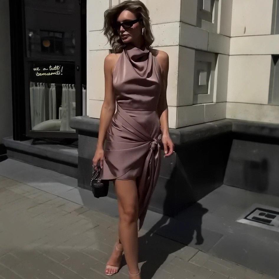 Letní retro saténové šaty bez rukávů s vysokým límcem pro ženy 2025