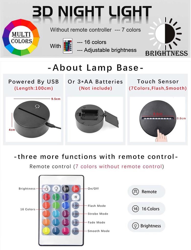 Hottoys Dropshipping  Halloween Christmas 3D Acrylic Night Light 7 Ribbon Remote Control Usb Sleep Light Christmas Gift