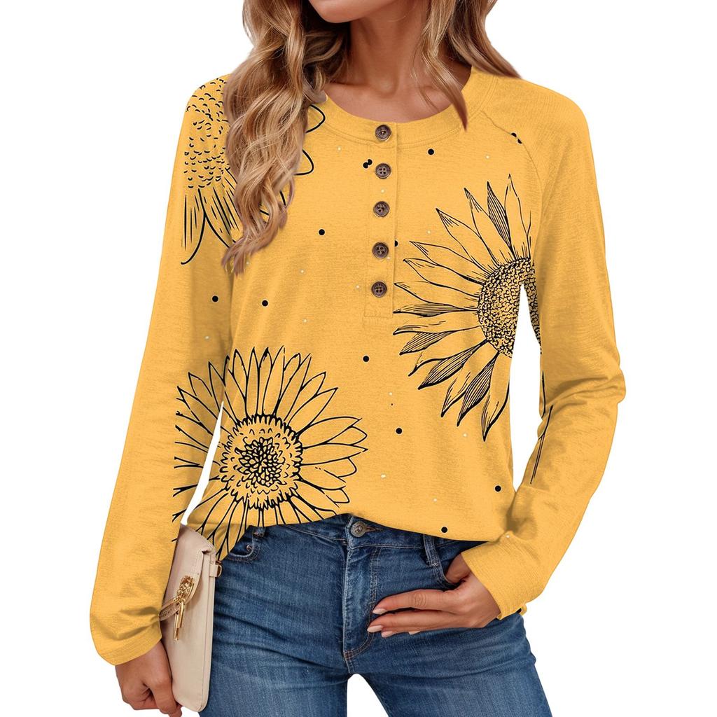 Women's Fashionable Vintage Floral Print Round Neck Long-sleeved Top
