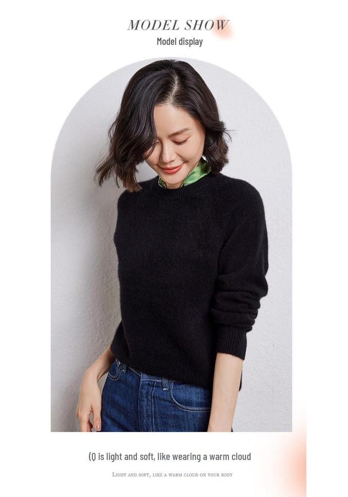 Women's Thick 100% Wool Raglan Sleeve Round Neck Sweater - Loose Knit Long Sleeve Pullover for Autumn/Winter