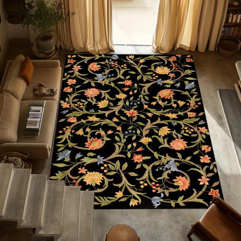 Boho Floral Rug Washable Flower Leaf Area Floormat Black Large Carpet Bedroom Living Room Home Decor Soft Non Slip Non Shedding